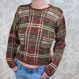Vtg Sweater‎ Plaid Knit Fisherman Cabin Academia Granola Earthy Cozy Women's M